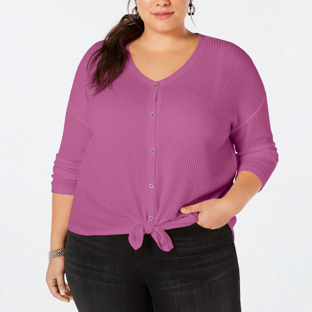 Style & Co Womens Plus Size Purple Thermal Button-Front Knotted Hem Shirt Top